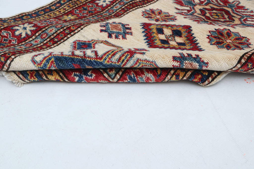 2x8 Beige & Red Super Kazak Runner Rug | Handmade Wool & Cotton Geometric Rug