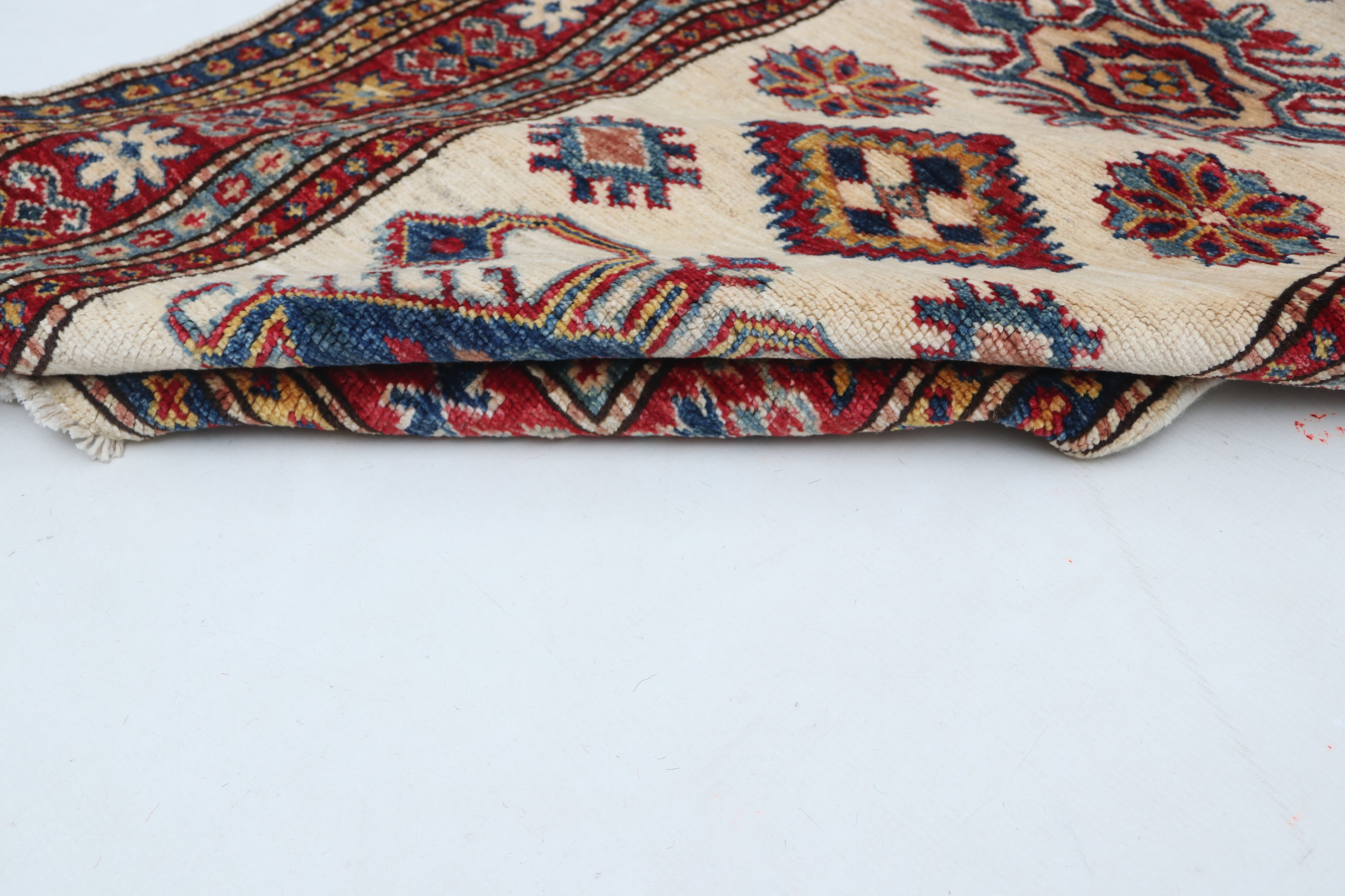 2x8 Beige & Red Super Kazak Runner Rug | Handmade Wool & Cotton Geometric Rug