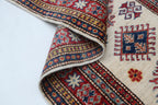 2x8 Beige & Red Super Kazak Runner Rug | Handmade Wool & Cotton Geometric Rug