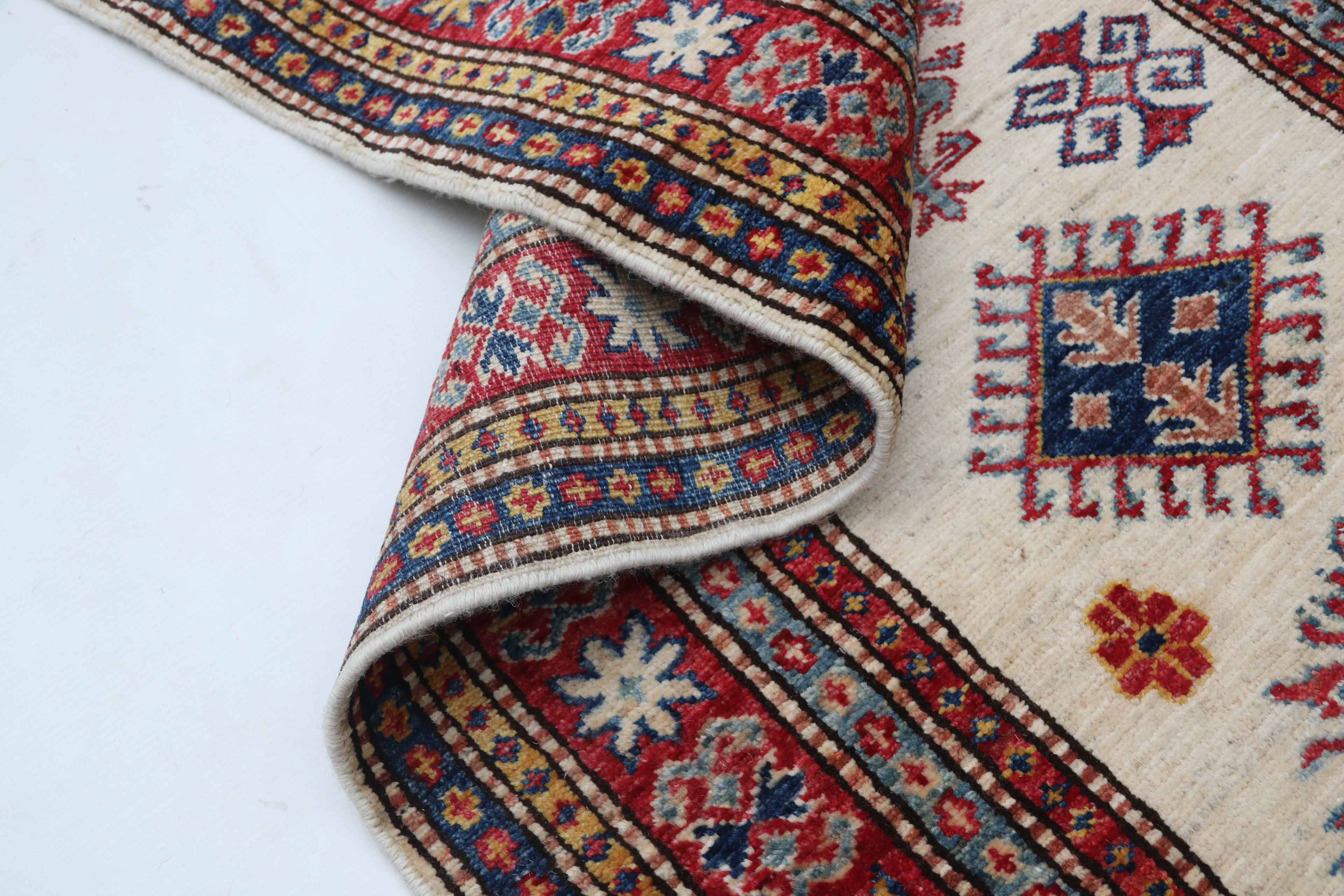2x8 Beige & Red Super Kazak Runner Rug | Handmade Wool & Cotton Geometric Rug