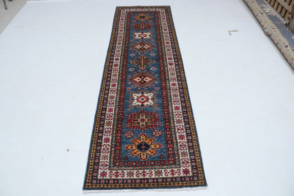 2x8 Beige & Red Super Kazak Runner Rug | Handmade Wool & Cotton Geometric Rug