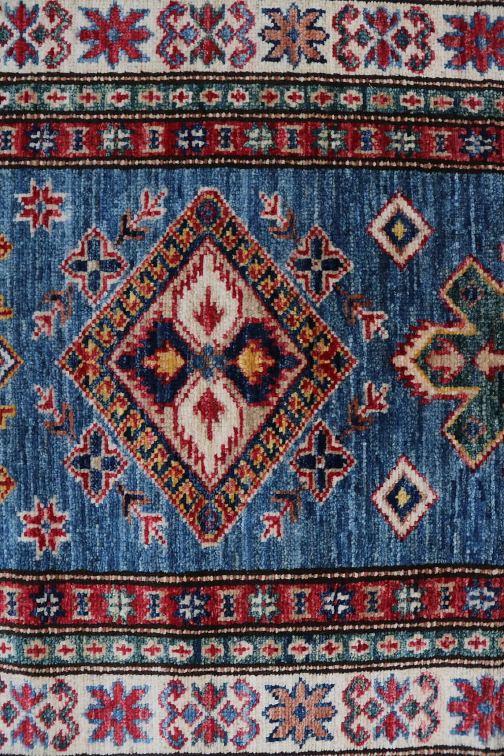 2x8 Beige & Red Super Kazak Runner Rug | Handmade Wool & Cotton Geometric Rug