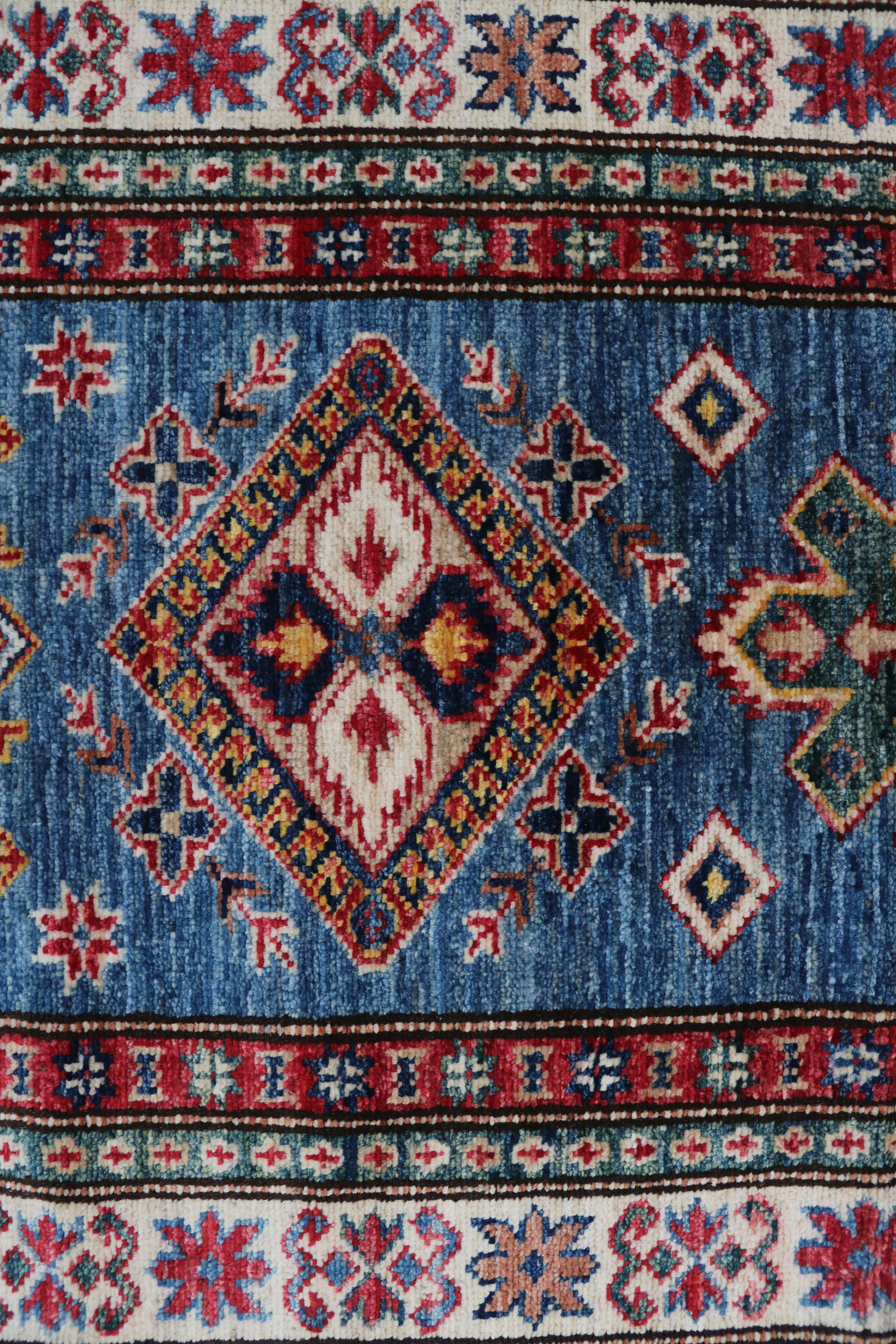 2x8 Beige & Red Super Kazak Runner Rug | Handmade Wool & Cotton Geometric Rug
