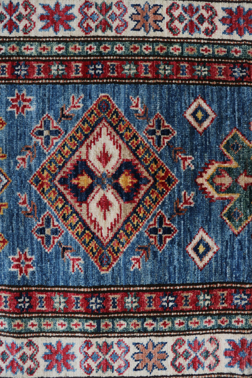 2x8 Beige & Red Super Kazak Runner Rug | Handmade Wool & Cotton Geometric Rug