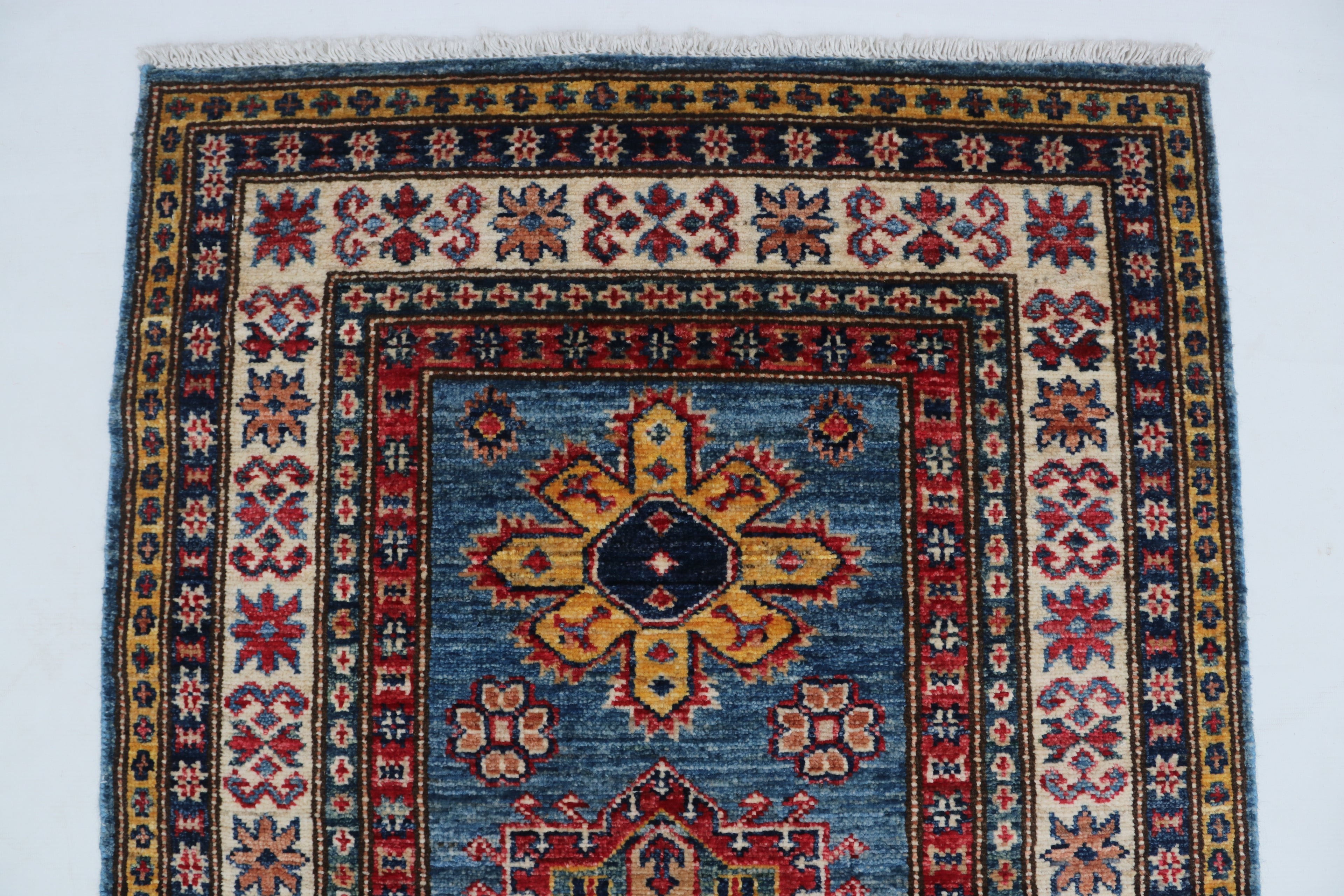2x8 Beige & Red Super Kazak Runner Rug | Handmade Wool & Cotton Geometric Rug