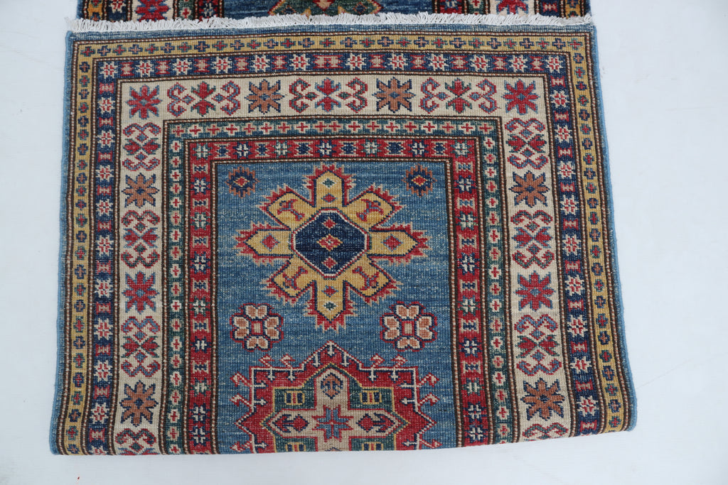 2x8 Beige & Red Super Kazak Runner Rug | Handmade Wool & Cotton Geometric Rug