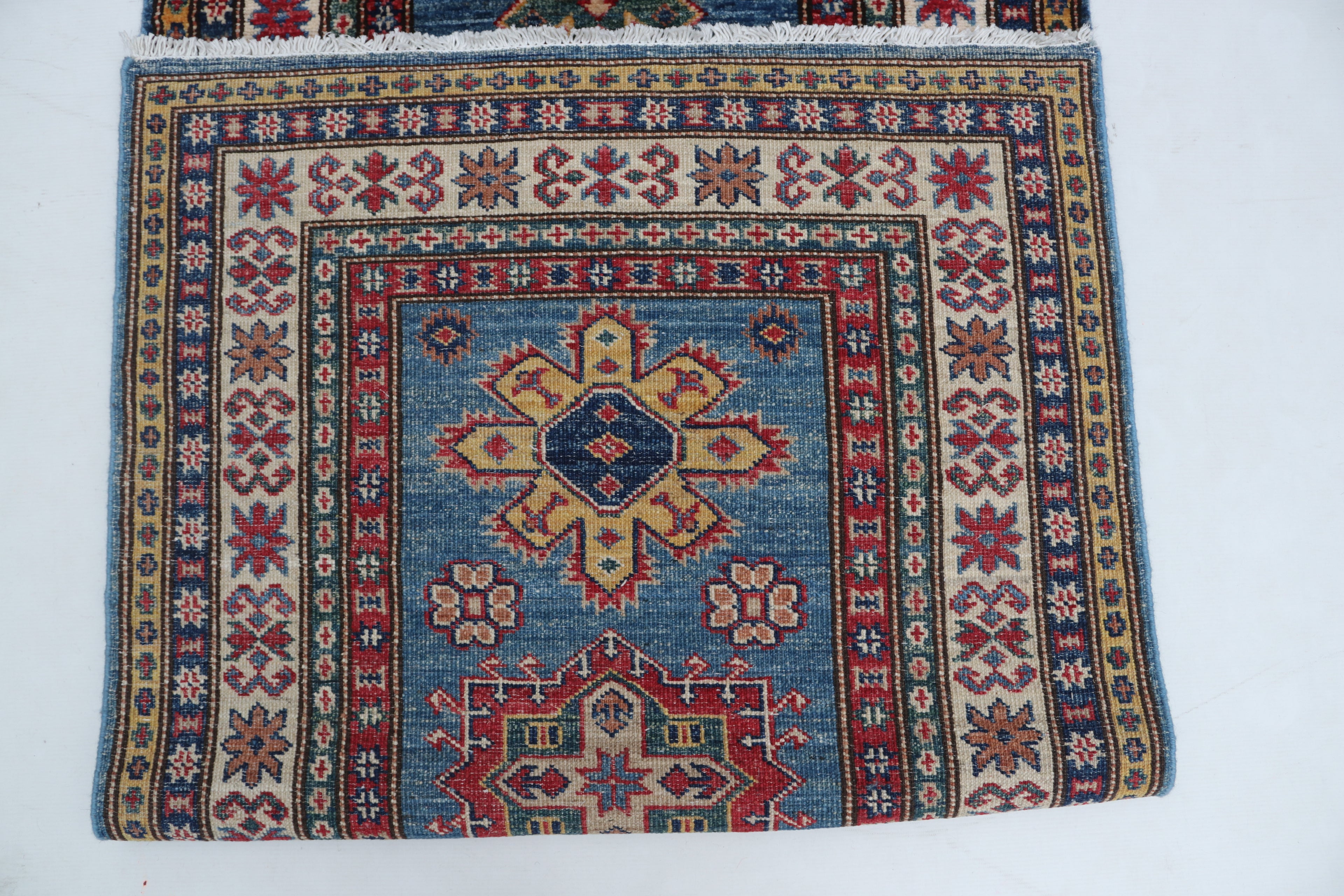 2x8 Beige & Red Super Kazak Runner Rug | Handmade Wool & Cotton Geometric Rug
