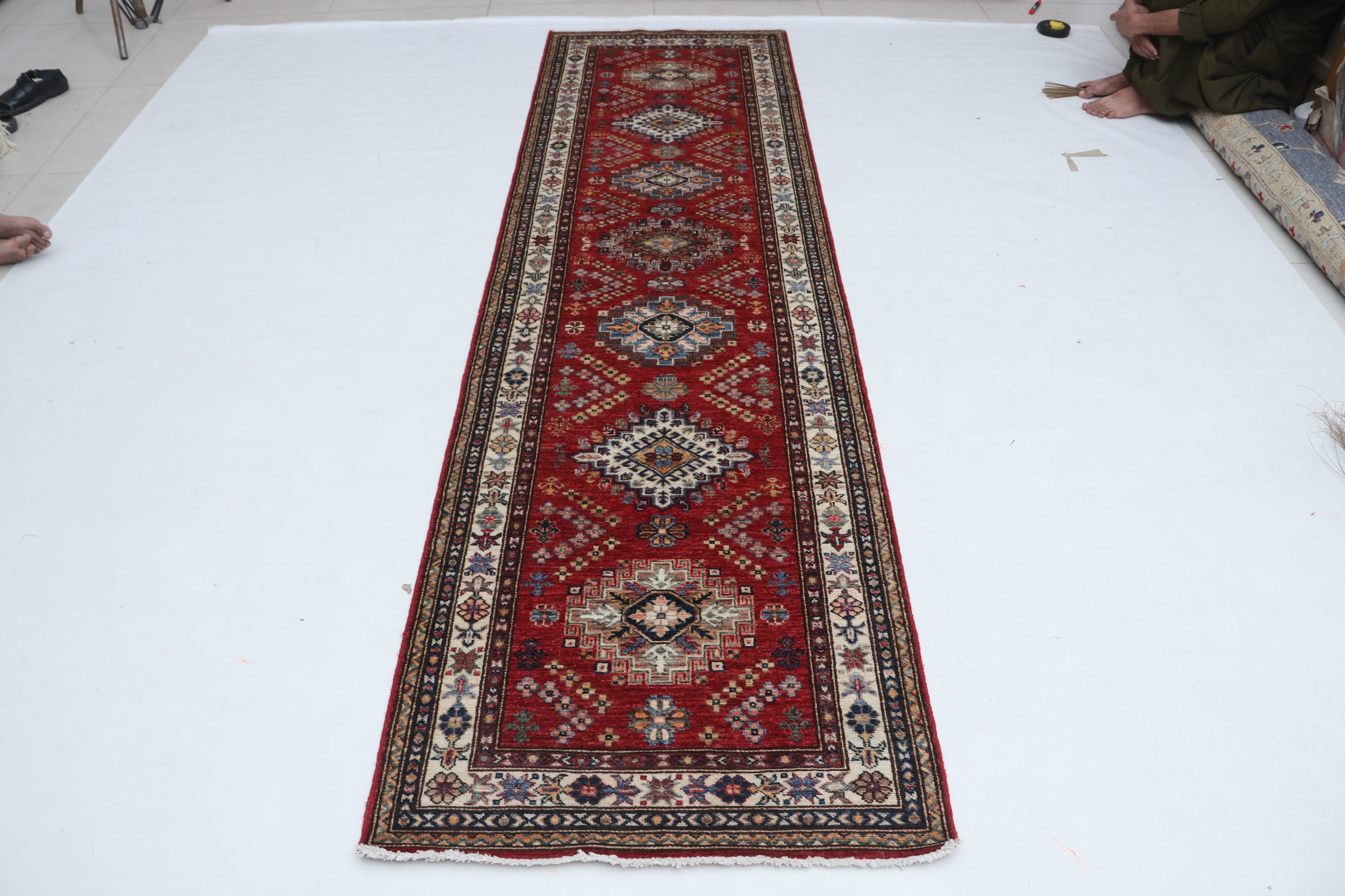 3x10 Beige & Red Super Kazak Geometric Handmade Cotton & Wool Runner Rug | Premium Luxury Runner Rug