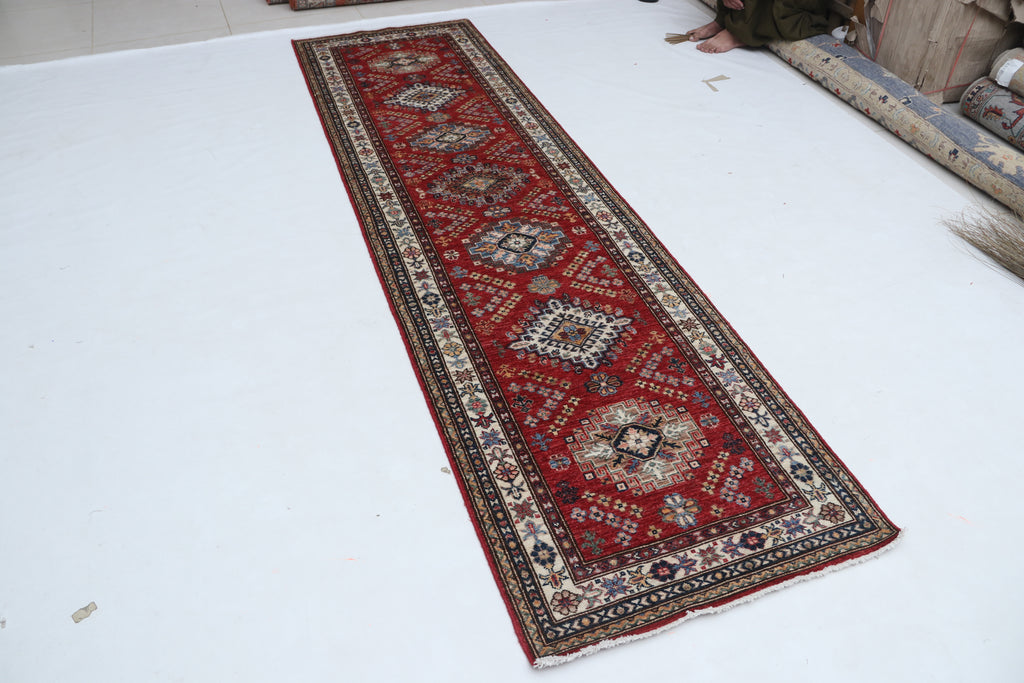 3x10 Beige & Red Super Kazak Geometric Handmade Cotton & Wool Runner Rug | Premium Luxury Runner Rug