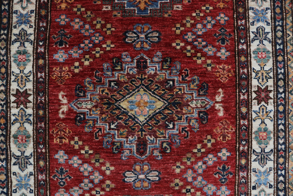 3x10 Beige & Red Super Kazak Geometric Handmade Cotton & Wool Runner Rug | Premium Luxury Runner Rug