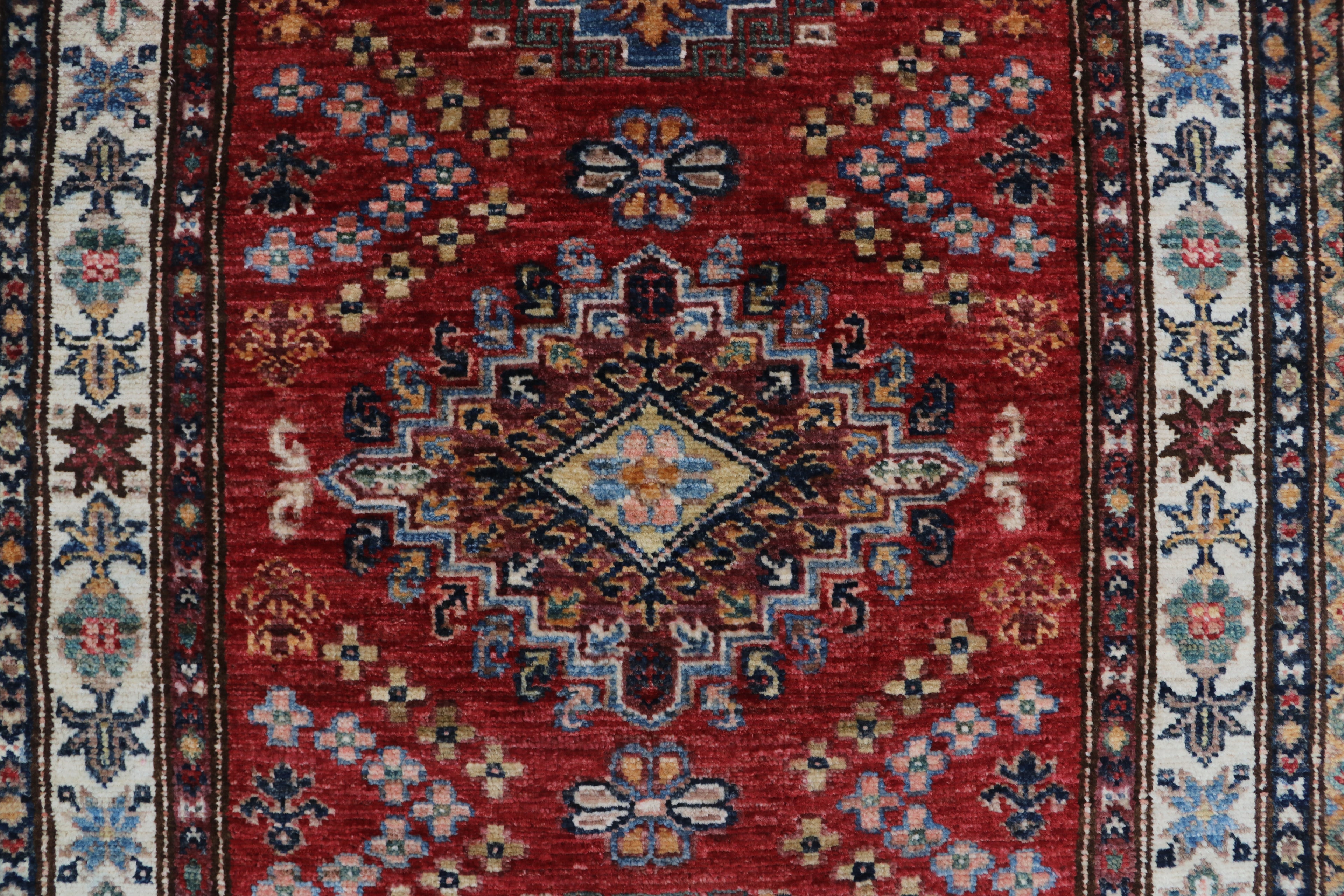 3x10 Beige & Red Super Kazak Geometric Handmade Cotton & Wool Runner Rug | Premium Luxury Runner Rug