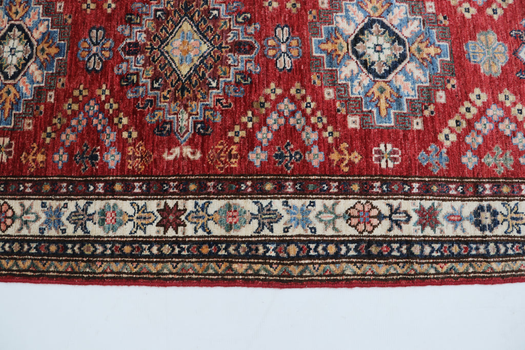 3x10 Beige & Red Super Kazak Geometric Handmade Cotton & Wool Runner Rug | Premium Luxury Runner Rug