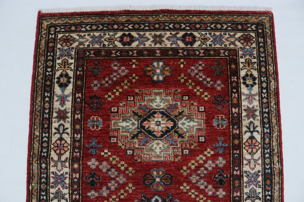 3x10 Beige & Red Super Kazak Geometric Handmade Cotton & Wool Runner Rug | Premium Luxury Runner Rug
