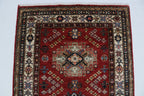 3x10 Beige & Red Super Kazak Geometric Handmade Cotton & Wool Runner Rug | Premium Luxury Runner Rug