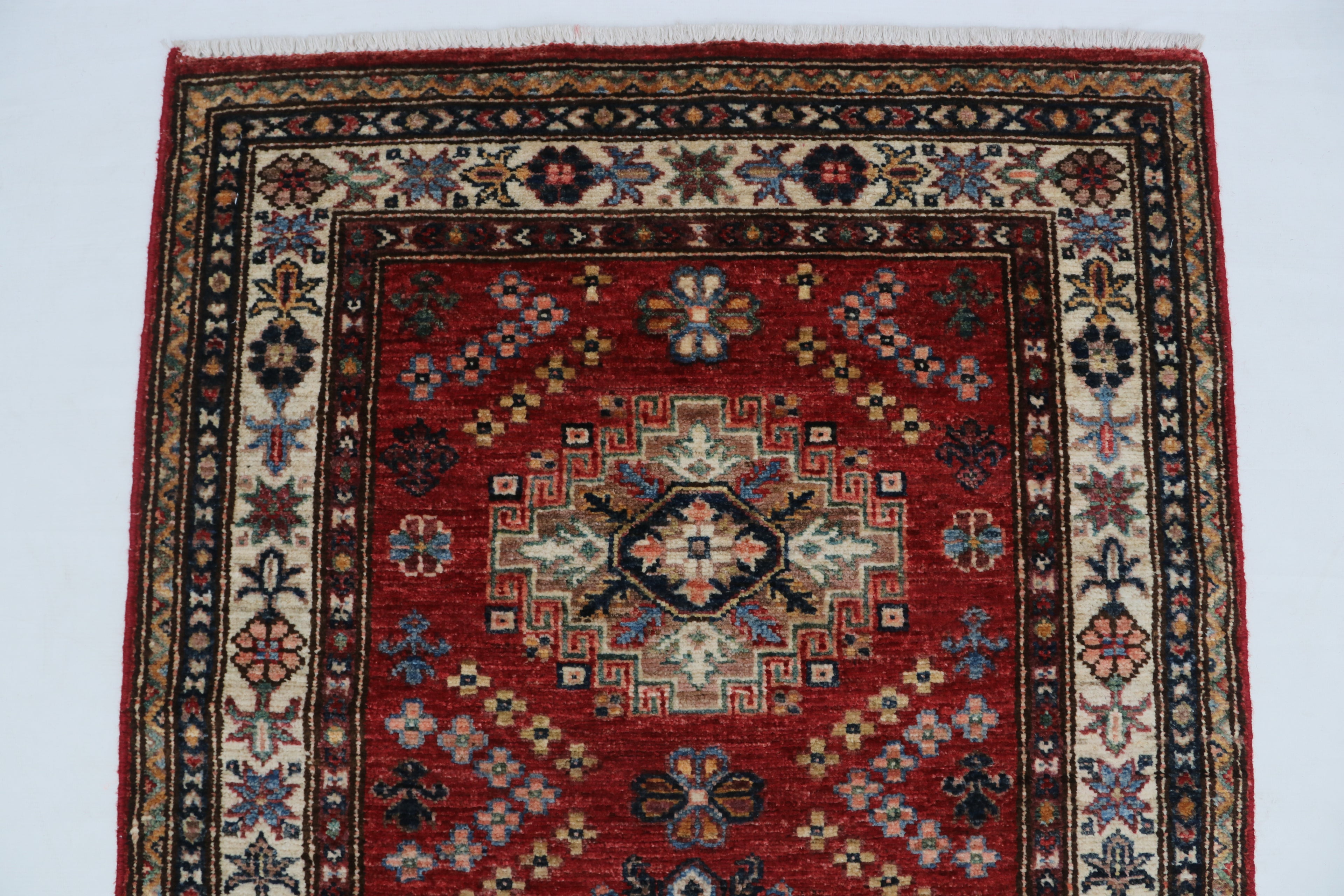 3x10 Beige & Red Super Kazak Geometric Handmade Cotton & Wool Runner Rug | Premium Luxury Runner Rug