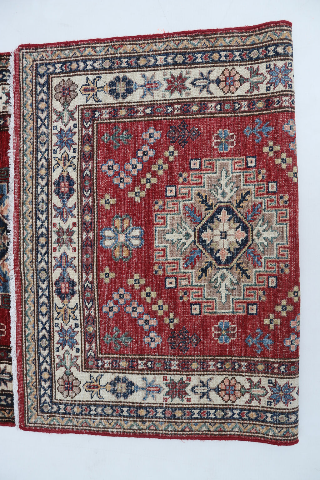 3x10 Beige & Red Super Kazak Geometric Handmade Cotton & Wool Runner Rug | Premium Luxury Runner Rug
