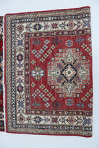 3x10 Beige & Red Super Kazak Geometric Handmade Cotton & Wool Runner Rug | Premium Luxury Runner Rug