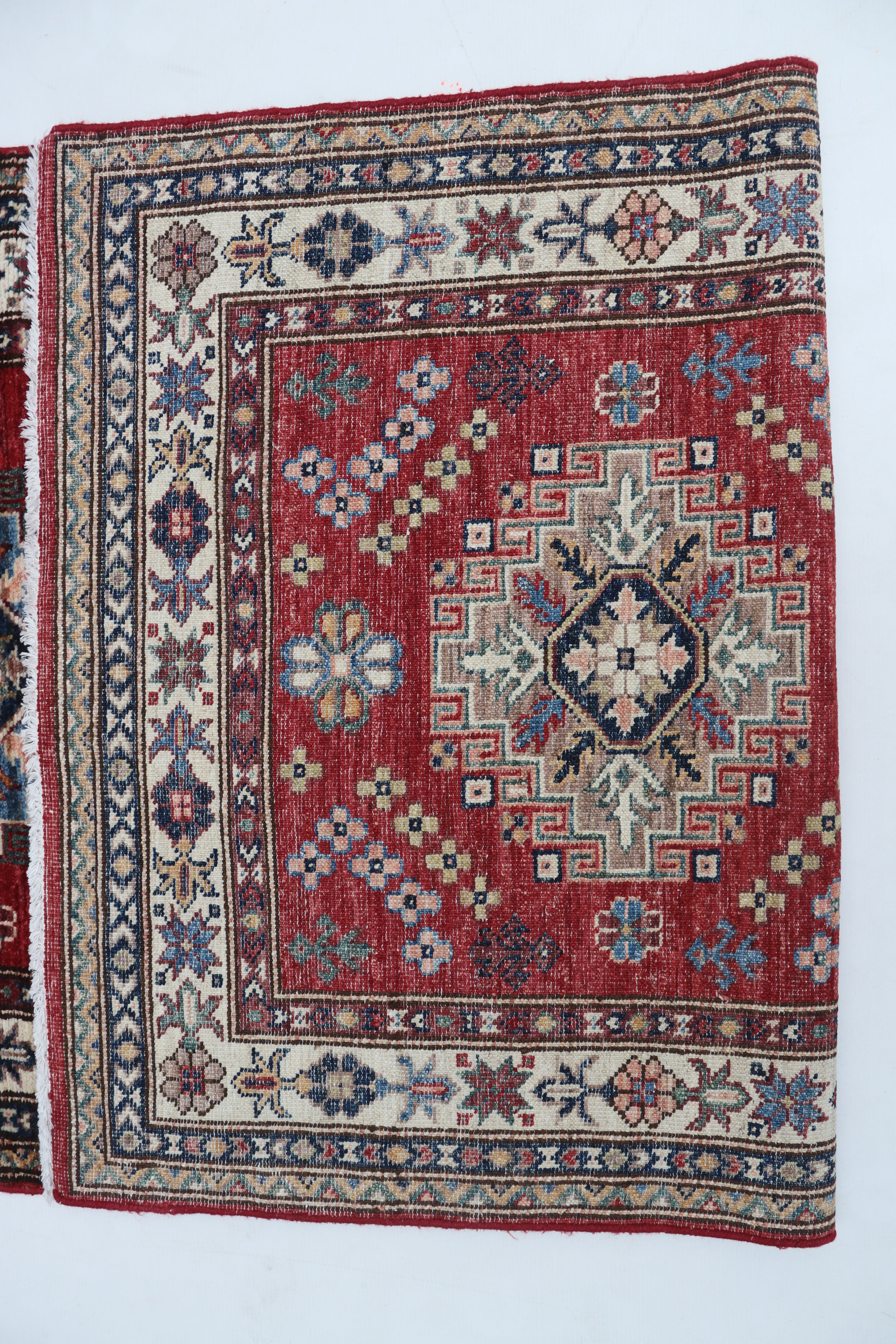 3x10 Beige & Red Super Kazak Geometric Handmade Cotton & Wool Runner Rug | Premium Luxury Runner Rug