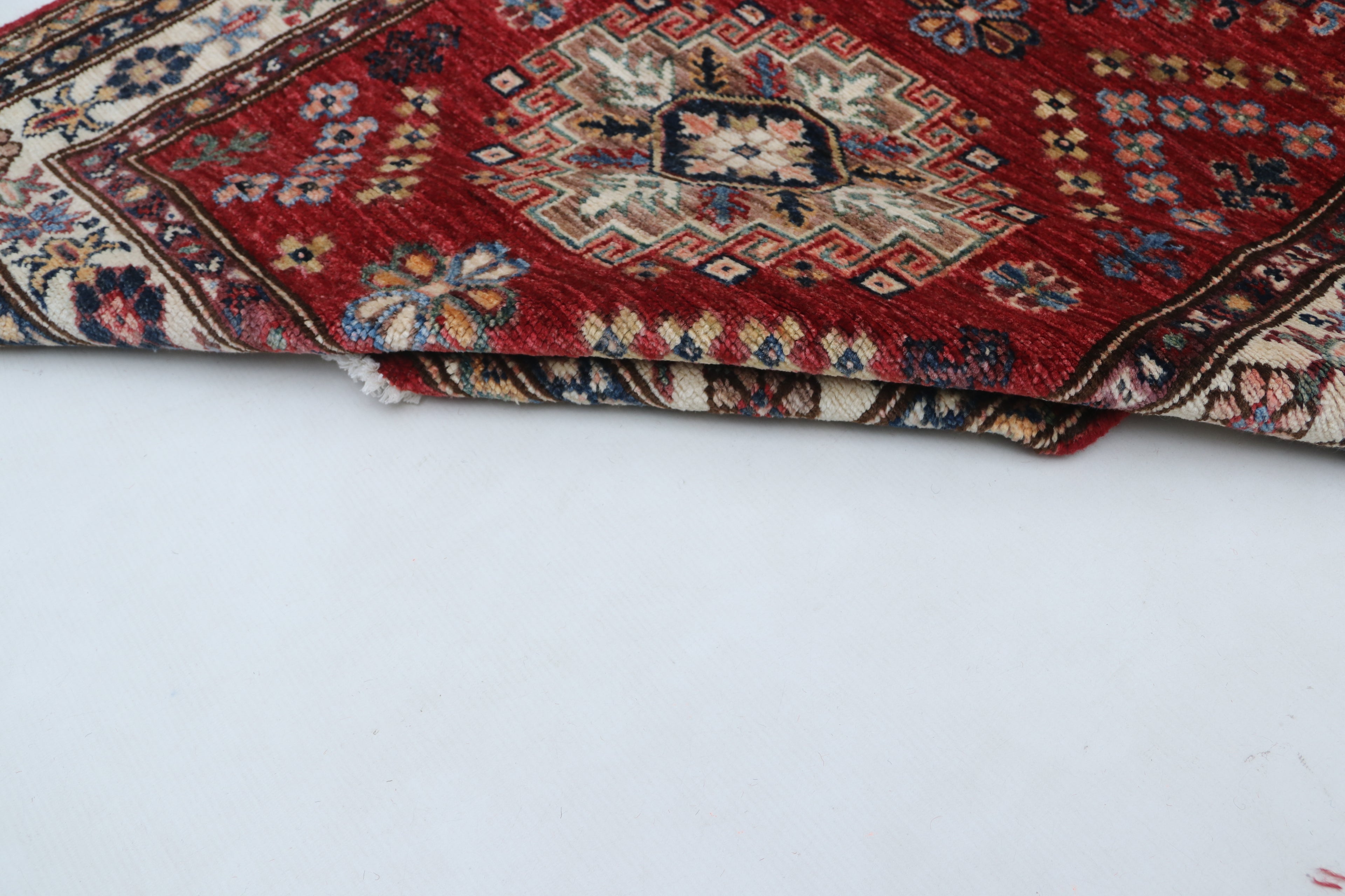 3x10 Beige & Red Super Kazak Geometric Handmade Cotton & Wool Runner Rug | Premium Luxury Runner Rug