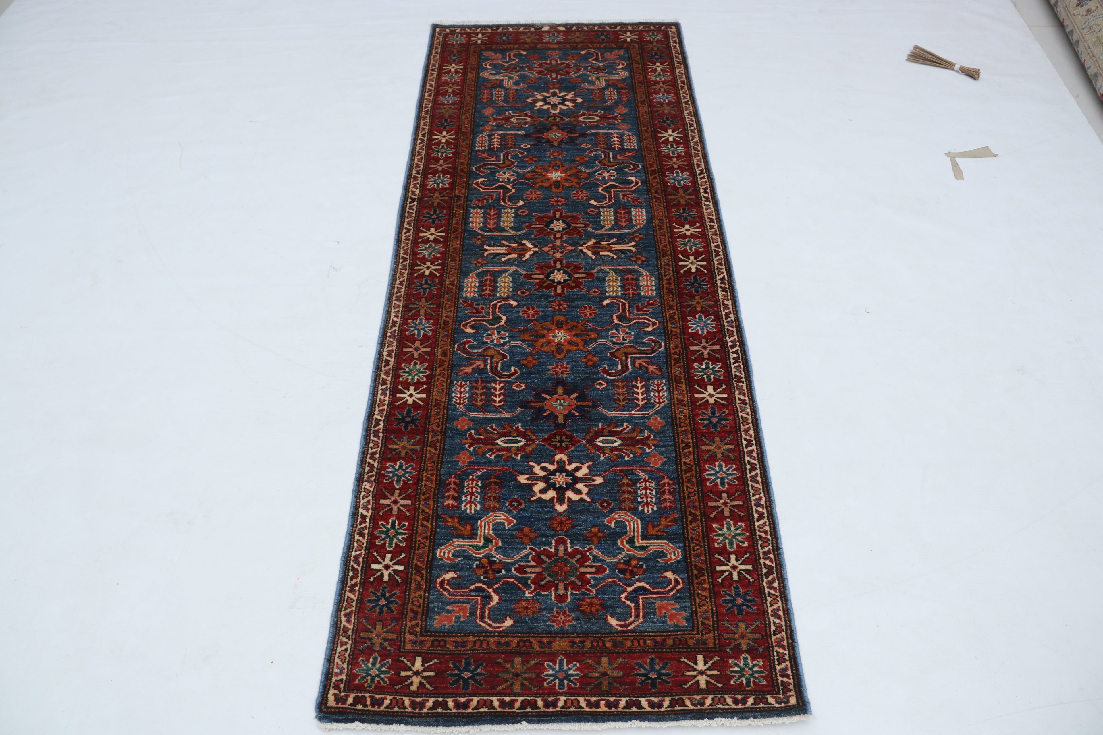 2x7 Blue & Red Super Kazak Geometric Handmade Cotton & Wool Runner Rug | Premium Luxury Runner Rug