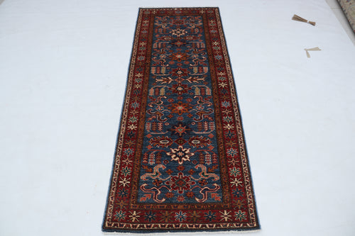2x7 Blue & Red Super Kazak Geometric Handmade Cotton & Wool Runner Rug | Premium Luxury Runner Rug