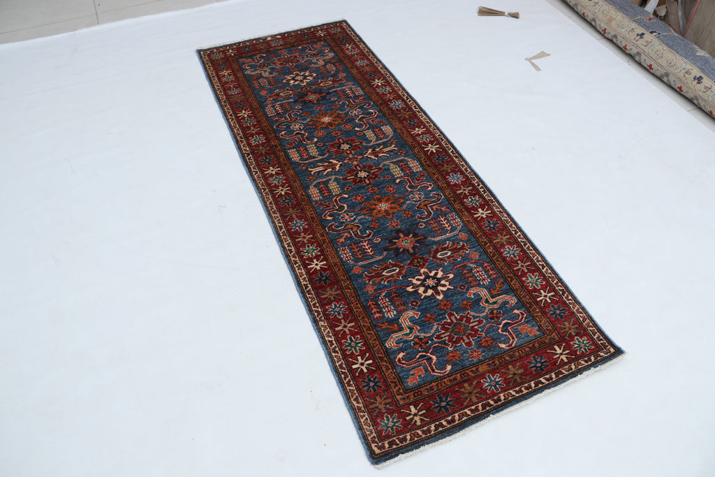 2x7 Blue & Red Super Kazak Geometric Handmade Cotton & Wool Runner Rug | Premium Luxury Runner Rug