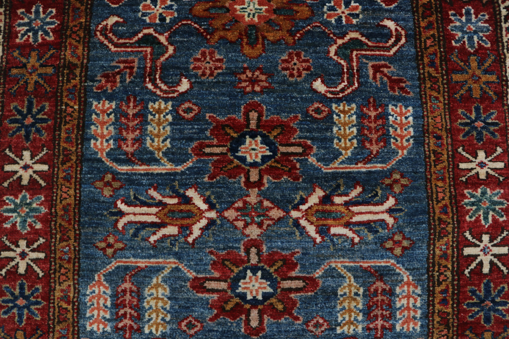 2x7 Blue & Red Super Kazak Geometric Handmade Cotton & Wool Runner Rug | Premium Luxury Runner Rug