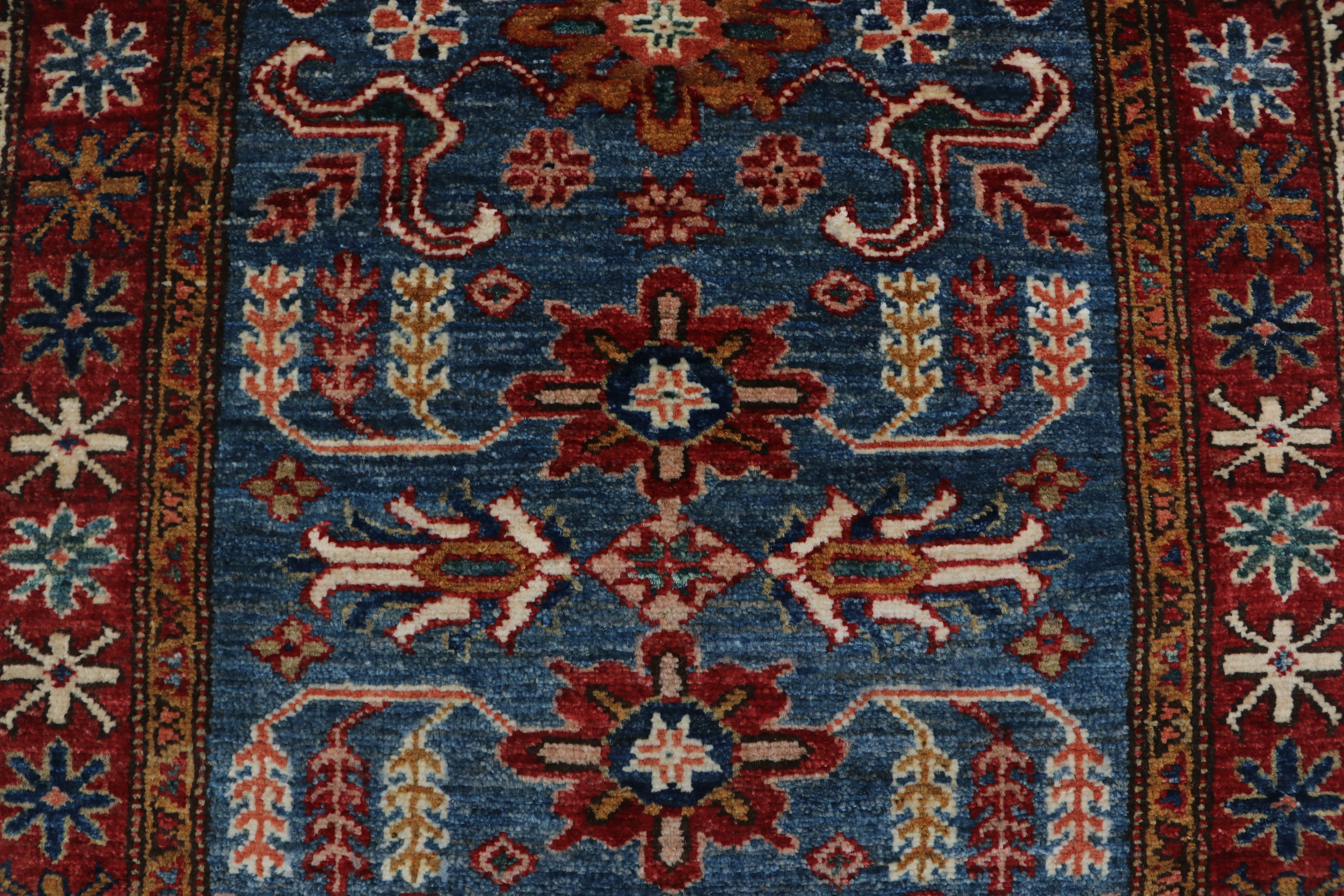 2x7 Blue & Red Super Kazak Geometric Handmade Cotton & Wool Runner Rug | Premium Luxury Runner Rug