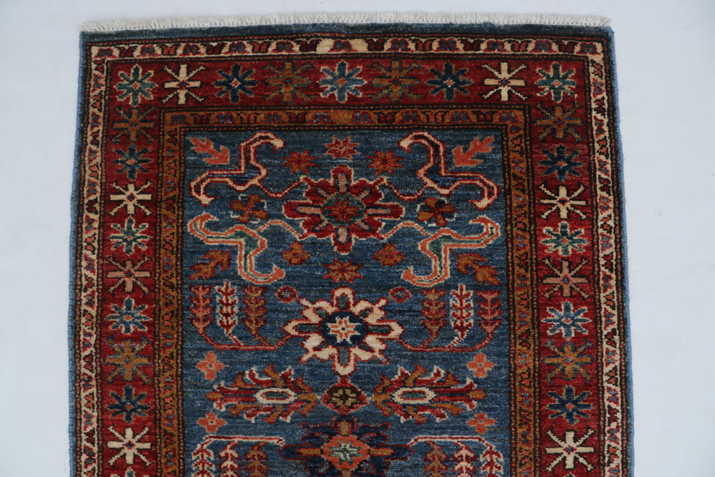 2x7 Blue & Red Super Kazak Geometric Handmade Cotton & Wool Runner Rug | Premium Luxury Runner Rug