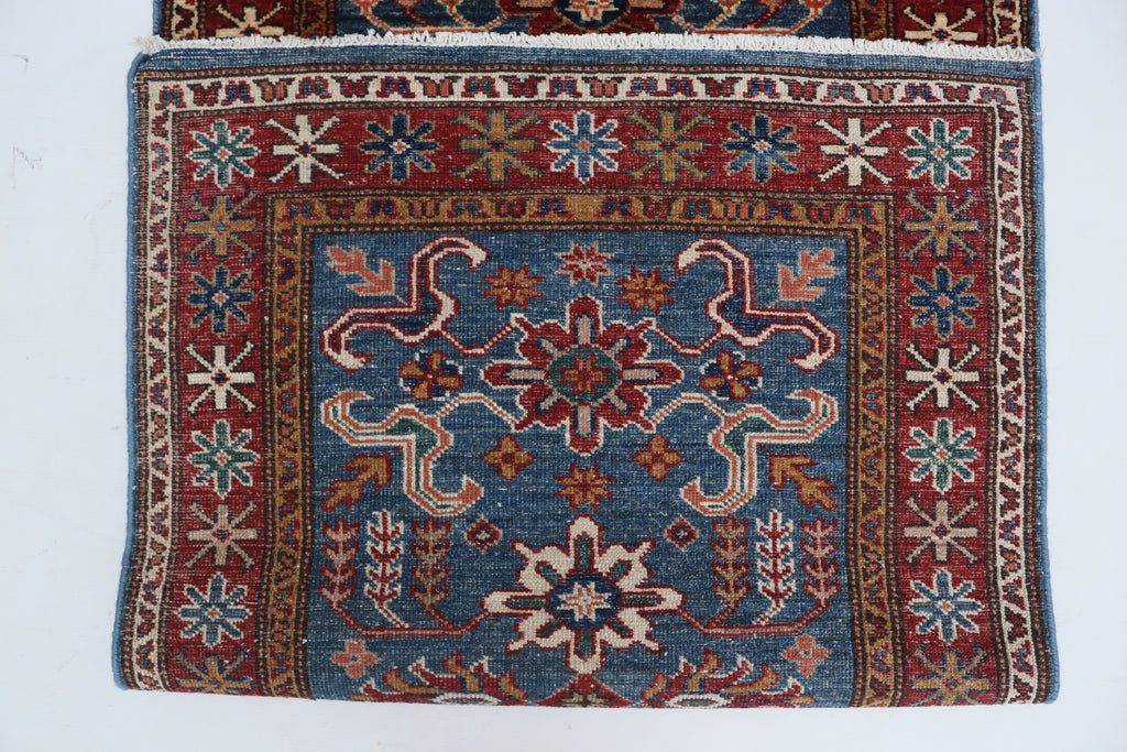 2x7 Blue & Red Super Kazak Geometric Handmade Cotton & Wool Runner Rug | Premium Luxury Runner Rug
