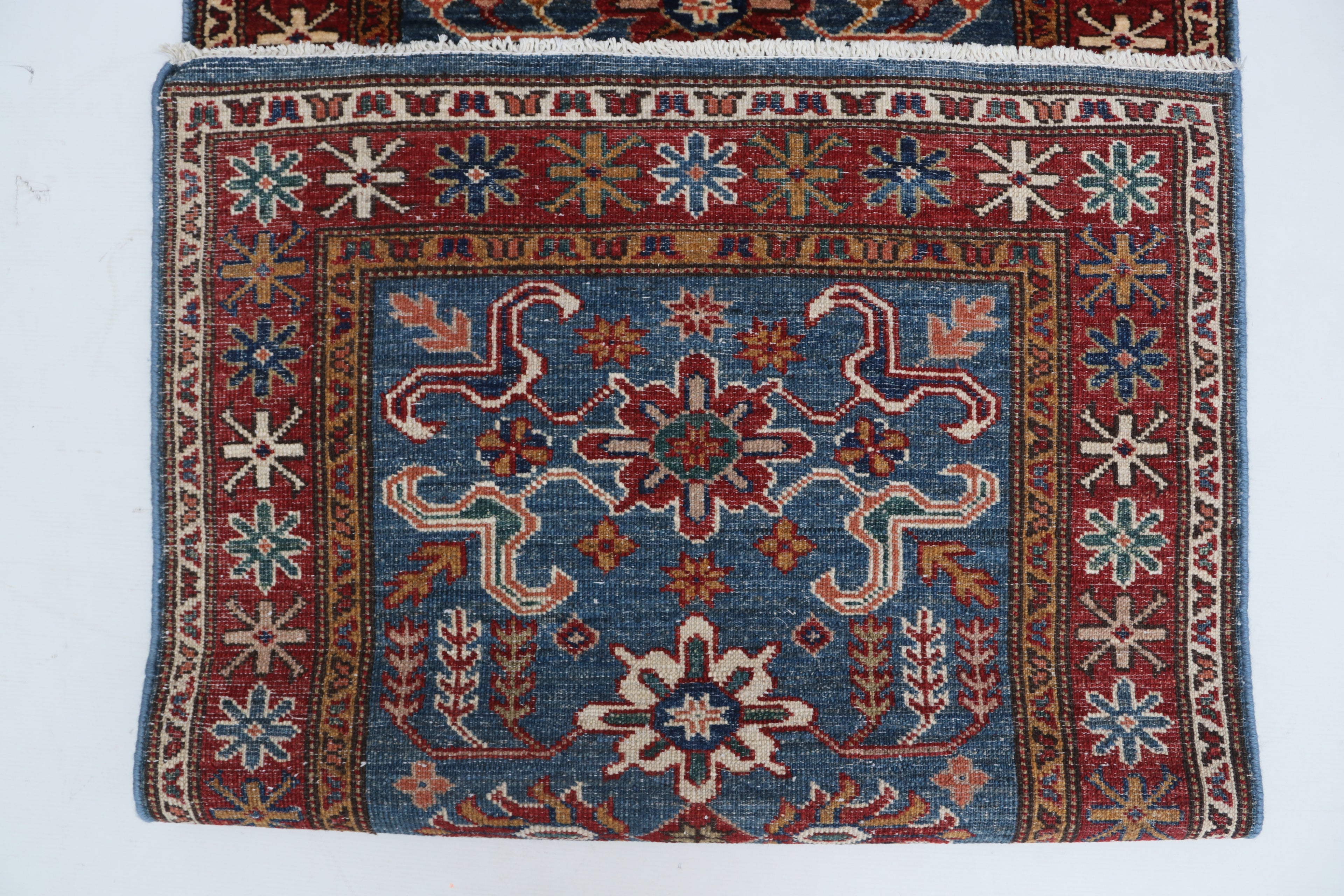 2x7 Blue & Red Super Kazak Geometric Handmade Cotton & Wool Runner Rug | Premium Luxury Runner Rug