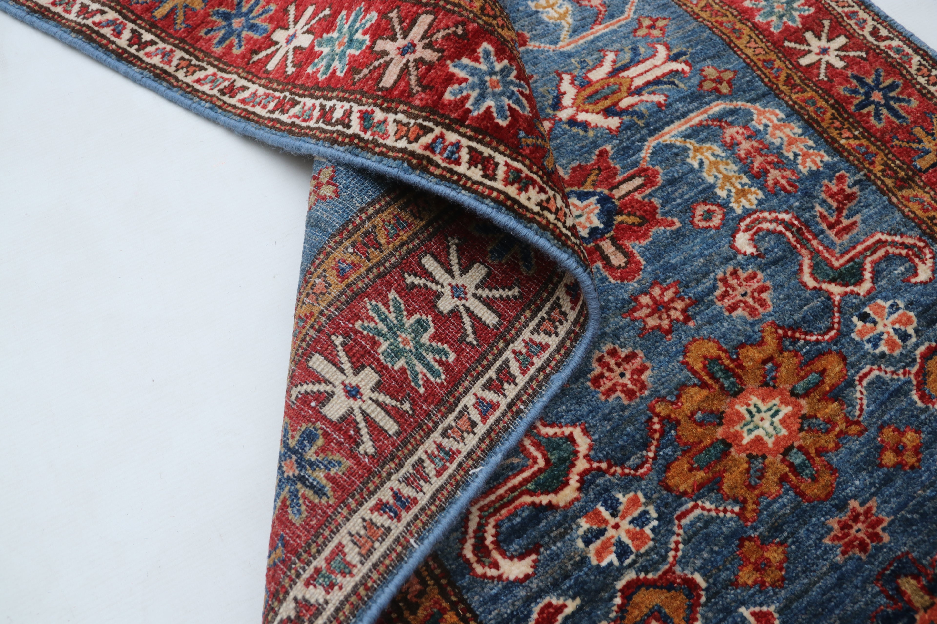 2x7 Blue & Red Super Kazak Geometric Handmade Cotton & Wool Runner Rug | Premium Luxury Runner Rug