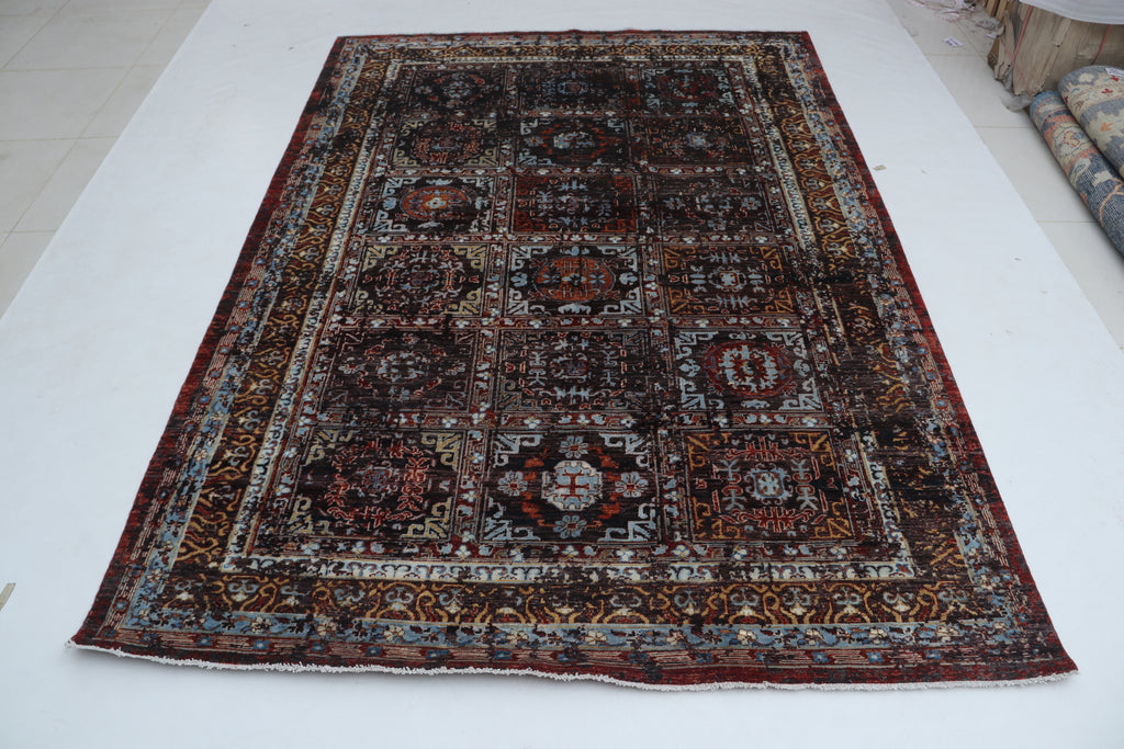 7x10 Brown Chobi Handmade Wool & Cotton Rug | Floral Hand-Knotted Area Rug | Vegetable Dyed