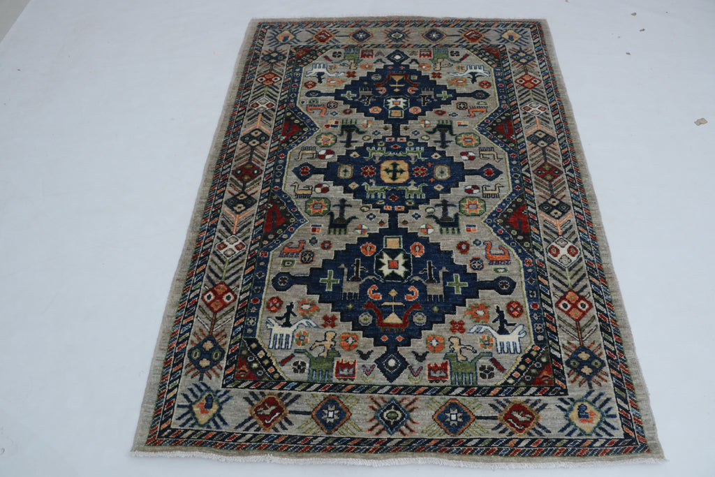 4x6 Gray Chobi Handmade Wool & Cotton Rug | Floral Hand-Knotted Luxury Area Rug