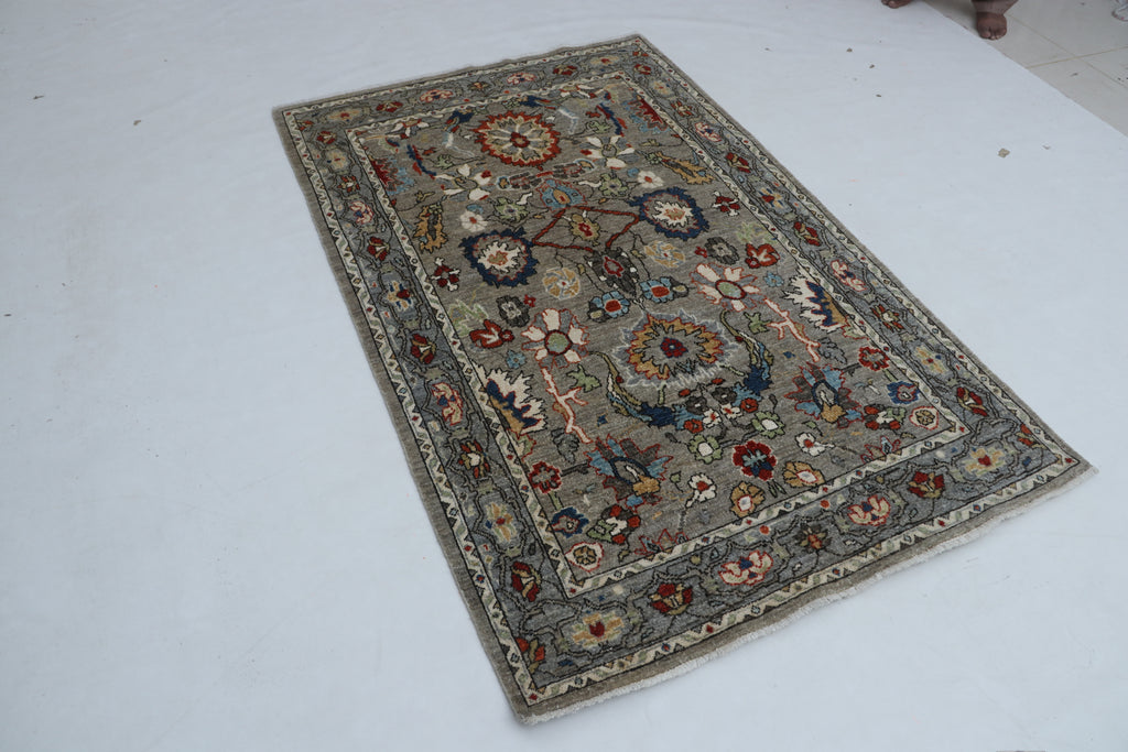 4x6 Gray Chobi Floral Handmade Cotton & Wool Rug | Premium Luxury Area Rug