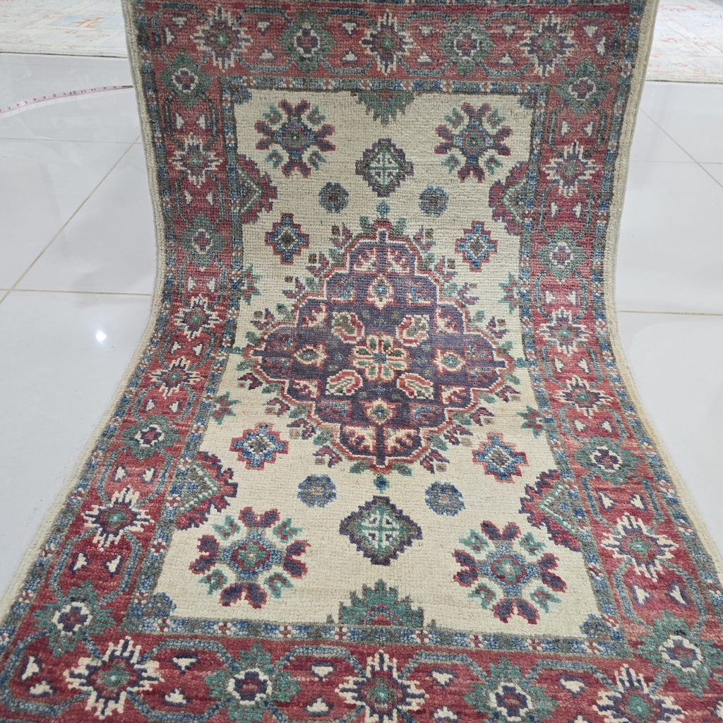 2x3 Beige Commercial Kazak Geometric Area Rug | Handmade Wool & Cotton Rug