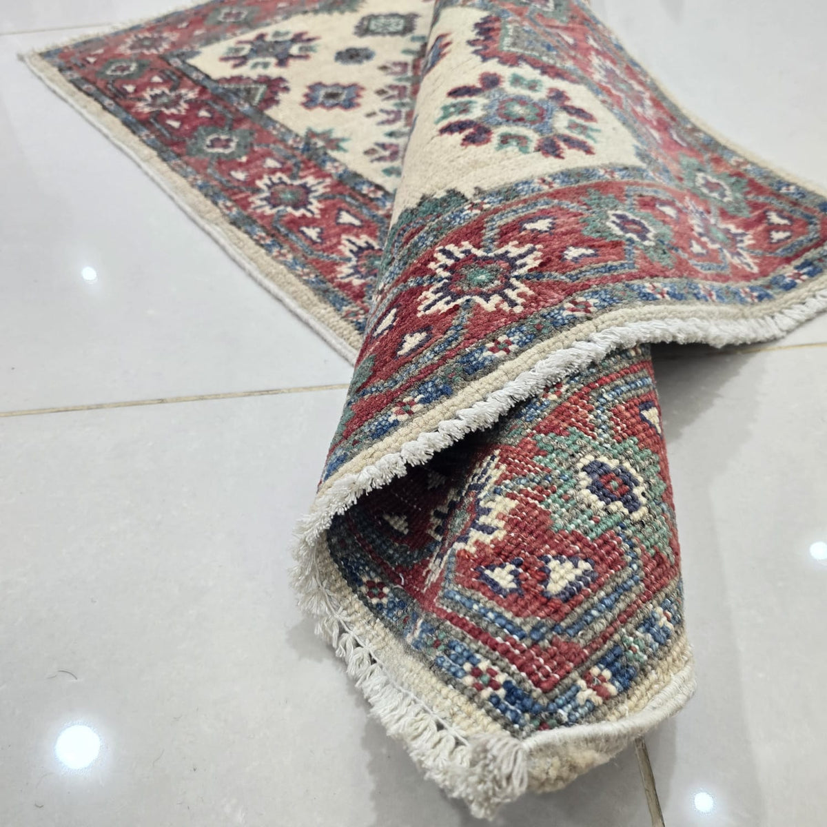 2x3 Beige Commercial Kazak Geometric Area Rug | Handmade Wool & Cotton Rug