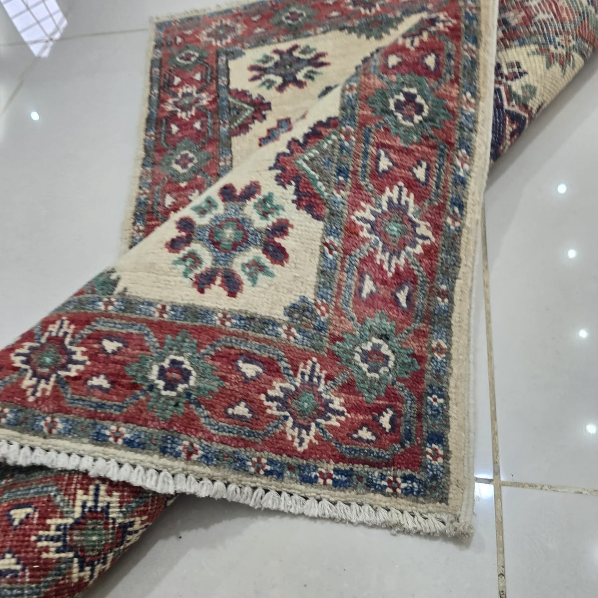 2x3 Beige Commercial Kazak Geometric Area Rug | Handmade Wool & Cotton Rug