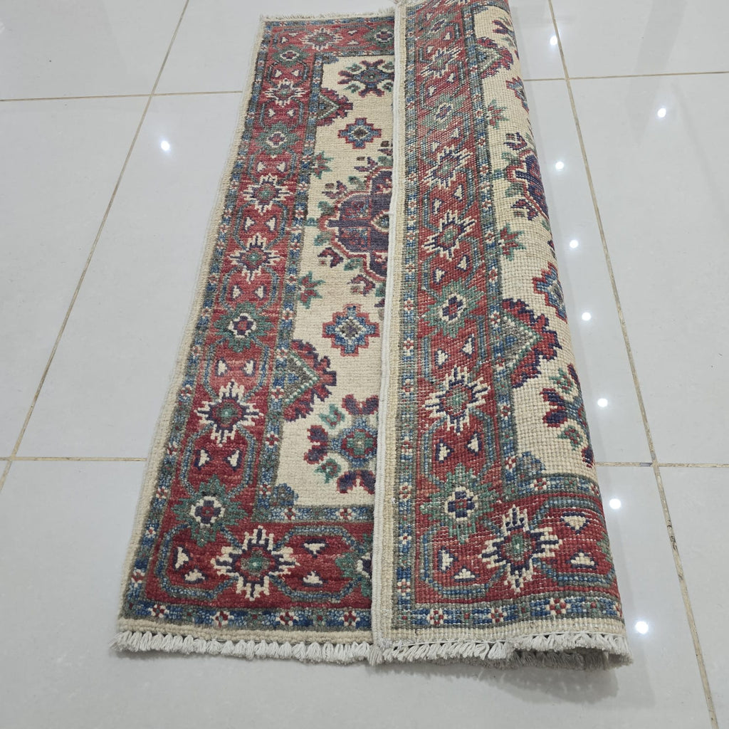 2x3 Beige Commercial Kazak Geometric Area Rug | Handmade Wool & Cotton Rug