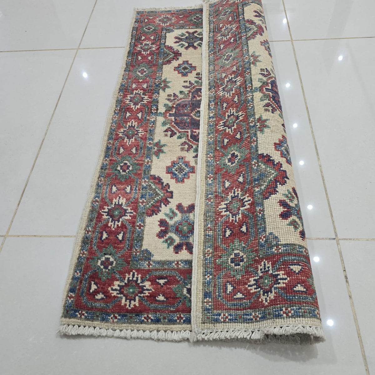 2x3 Beige Commercial Kazak Geometric Area Rug | Handmade Wool & Cotton Rug