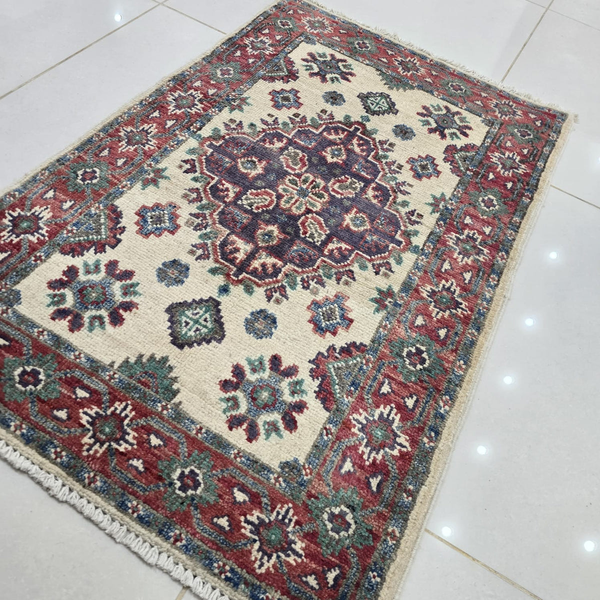 2x3 Beige Commercial Kazak Geometric Area Rug | Handmade Wool & Cotton Rug