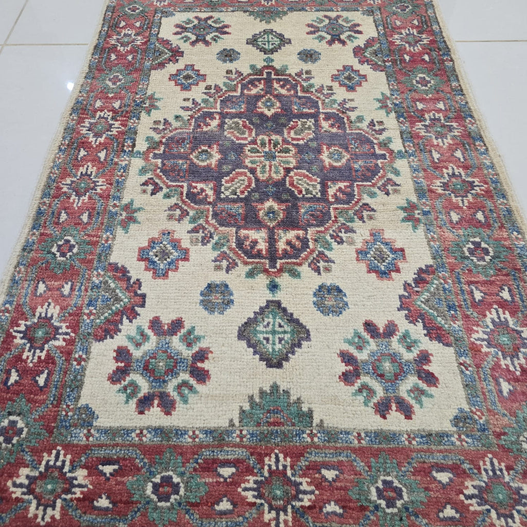 2x3 Beige Commercial Kazak Geometric Area Rug | Handmade Wool & Cotton Rug