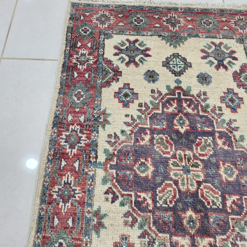 2x3 Beige Commercial Kazak Geometric Area Rug | Handmade Wool & Cotton Rug