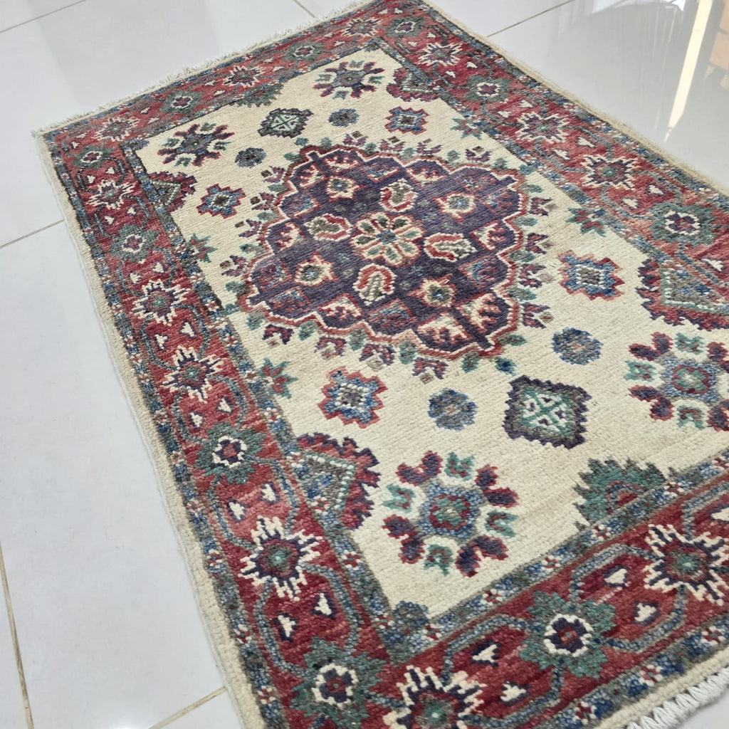 2x3 Beige Commercial Kazak Geometric Area Rug | Handmade Wool & Cotton Rug