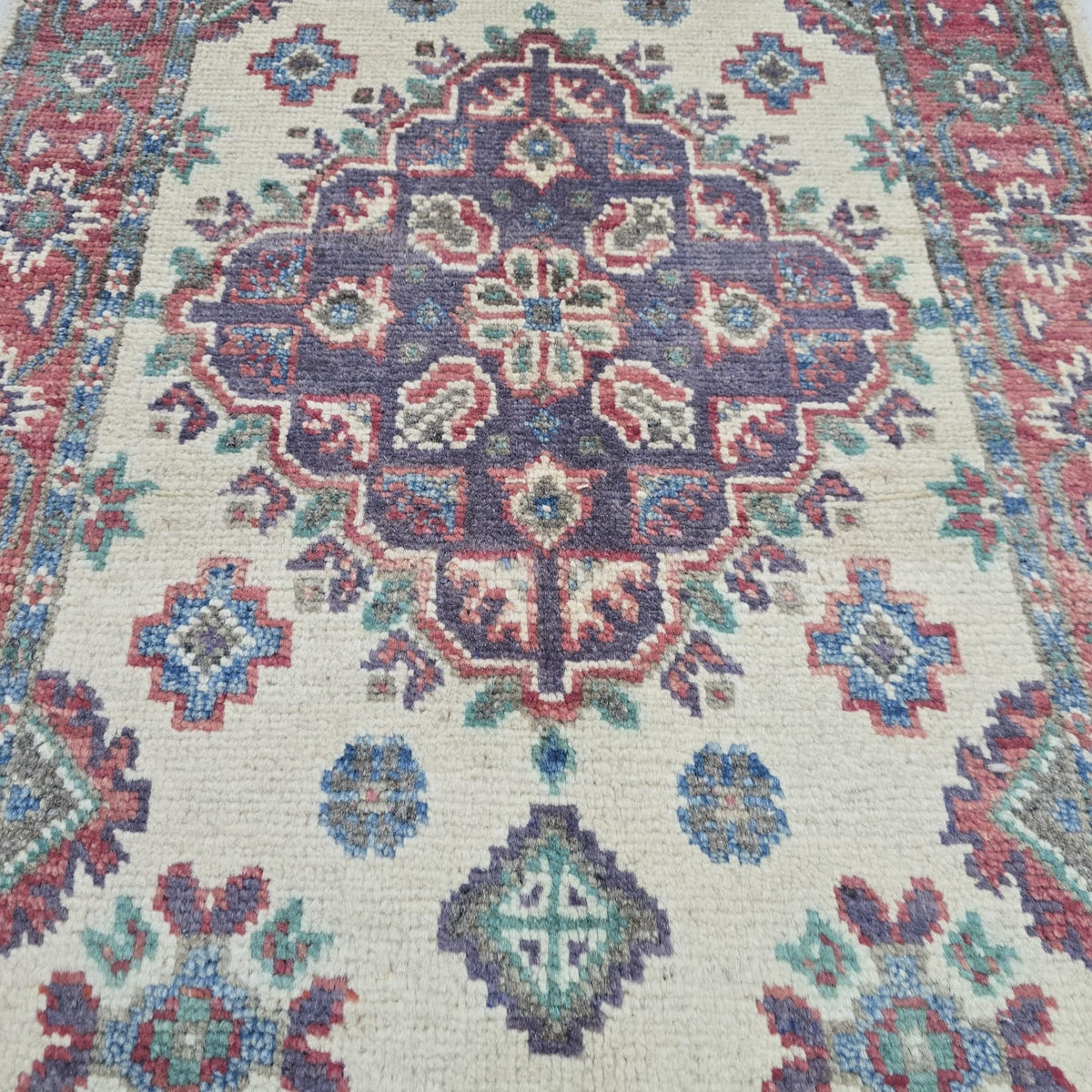 2x3 Beige Commercial Kazak Geometric Area Rug | Handmade Wool & Cotton Rug