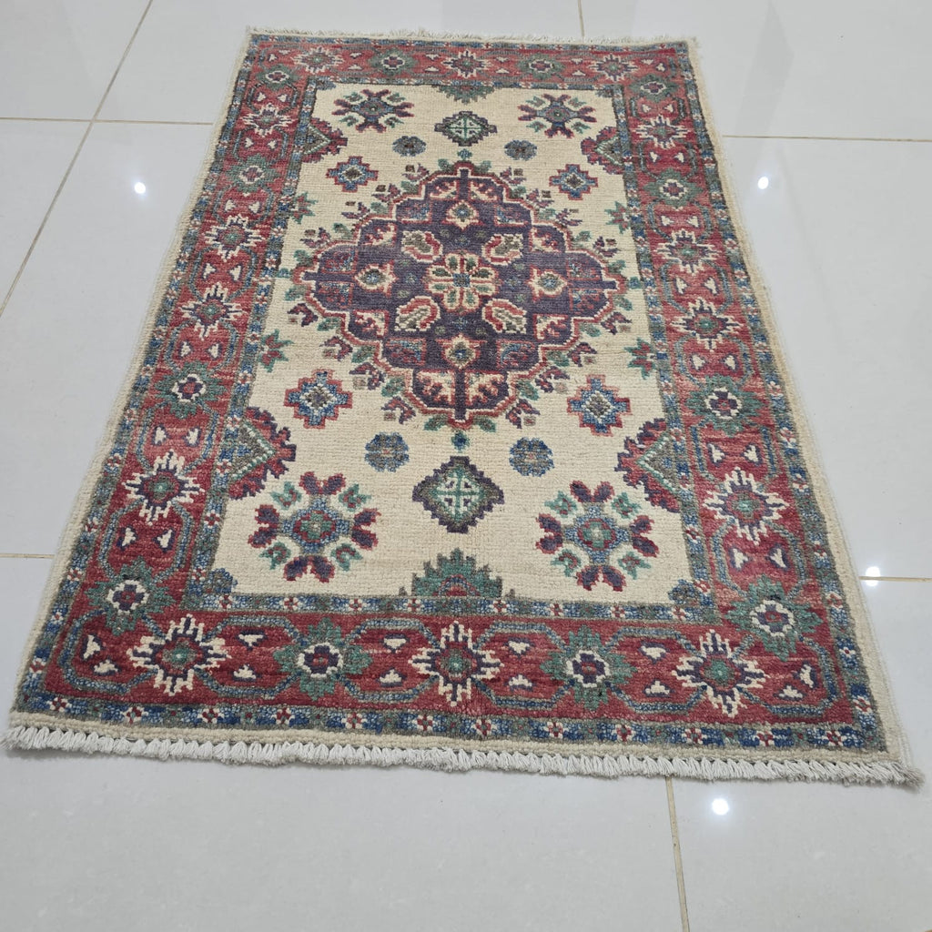 2x3 Beige Commercial Kazak Geometric Area Rug | Handmade Wool & Cotton Rug