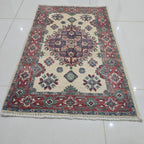 2x3 Beige Commercial Kazak Geometric Area Rug | Handmade Wool & Cotton Rug