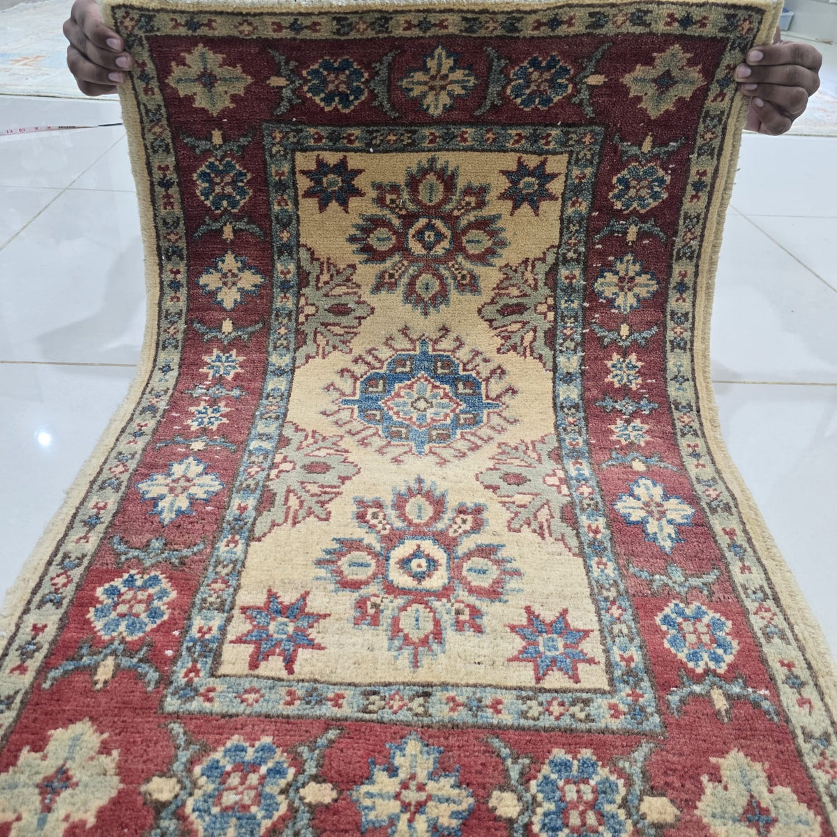 2x3 Beige Commercial Kazak Geometric Area Rug | Handmade Wool & Cotton Rug