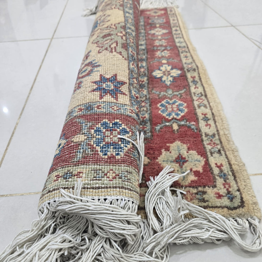 2x3 Beige Commercial Kazak Geometric Area Rug | Handmade Wool & Cotton Rug