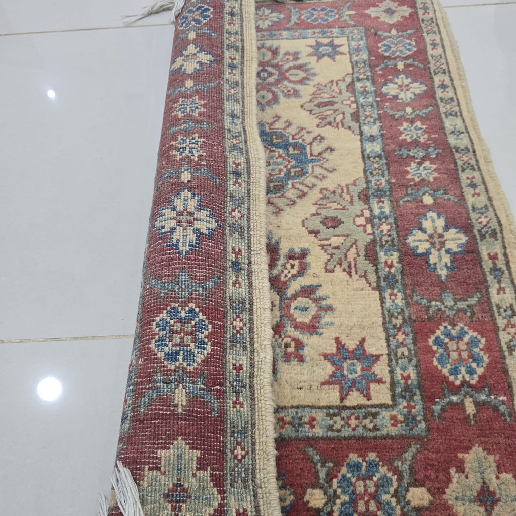 2x3 Beige Commercial Kazak Geometric Area Rug | Handmade Wool & Cotton Rug